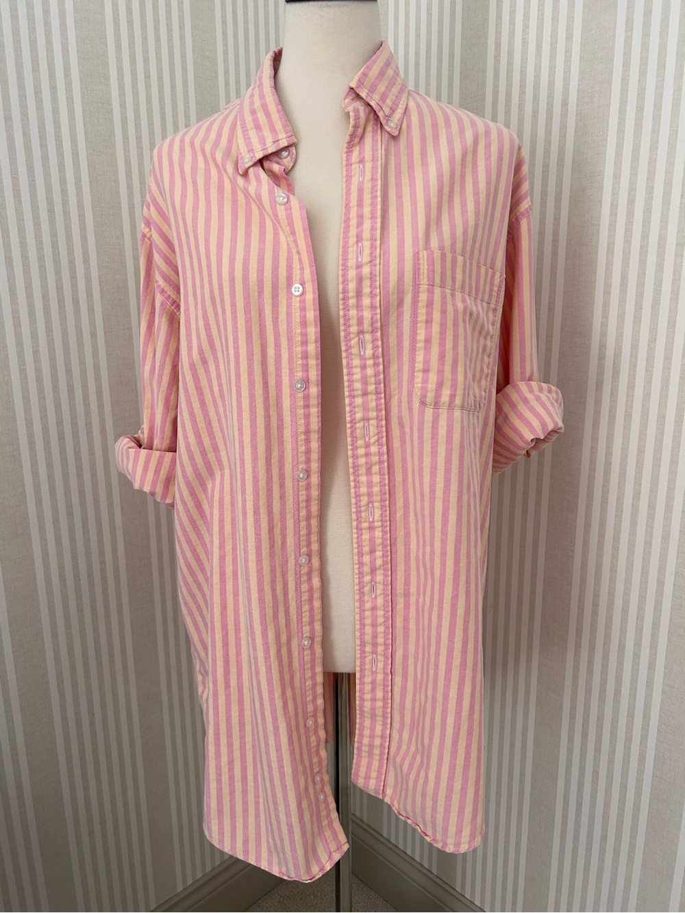 Vintage LL Bean Rare Lemonade Pink/Yellow Striped Button Down USA Size Medium T - Picture 2 of 10
